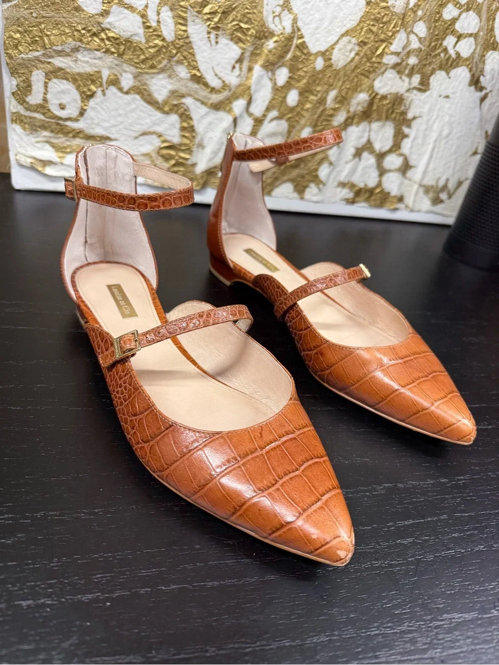 Pointed Mary Jane Flats in Croc-Embossed Tan